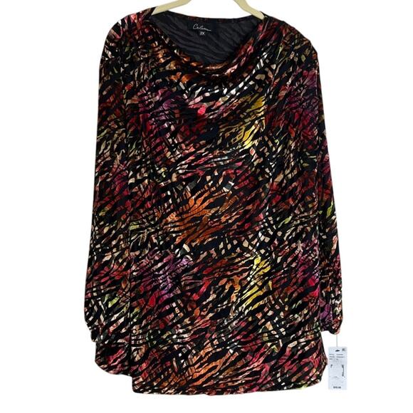 Calessa Womens Top 2X Multicolor Abstract Print Long Sleeve Stretch Cowl Neck - Picture 1 of 8